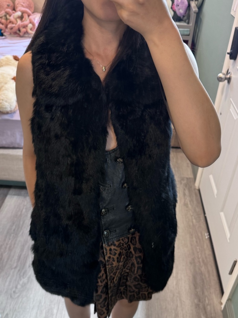 Vintage Black Real Fur Vest Fox Fur w/ Mink Collar Longline XS
